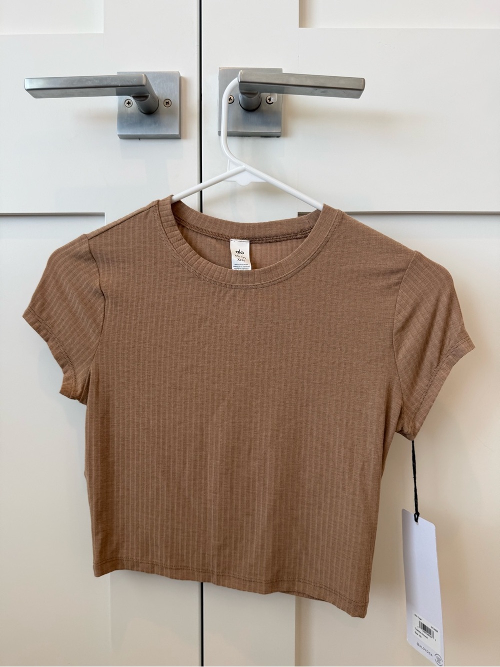 ALO Yoga Ribbed Crop Tee in Taupe Brown